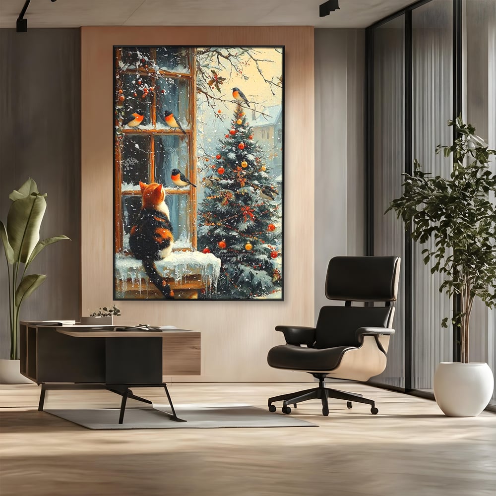 Tablou canvas cu tablou canvas cu pisica priveste pasari la fereastra, in rama de aluminiu negru, pe perete intr-un birou